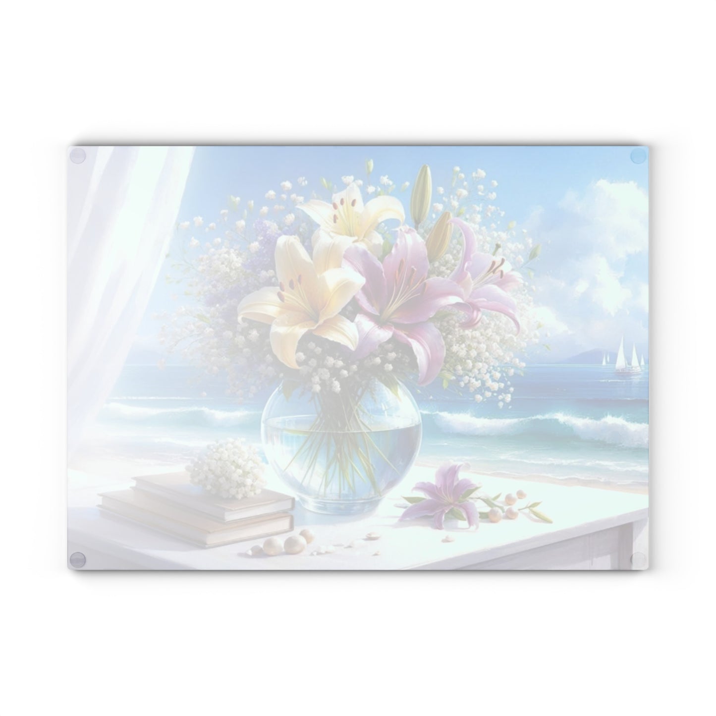 Tabla de cortar Ocean Breeze Lily: elegante decoración de cocina con escena playera floral