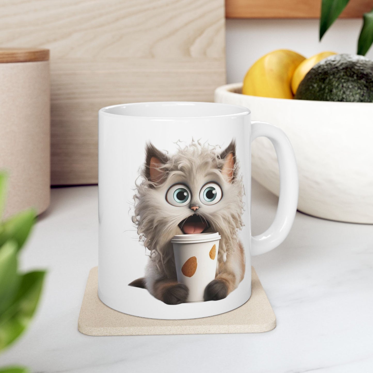 Fluffy Cat Coffee Mug – Funny Surprised Cat Holding a Coffee Cup – Personalized