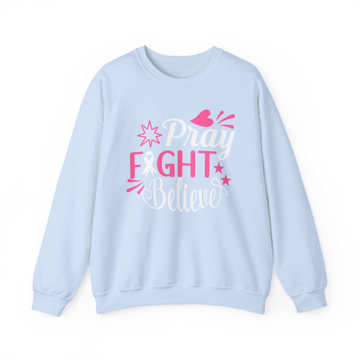 🙏🎀 Pray Fight Believe Sweatshirt – Breast Cancer Awareness & Faith Crewneck