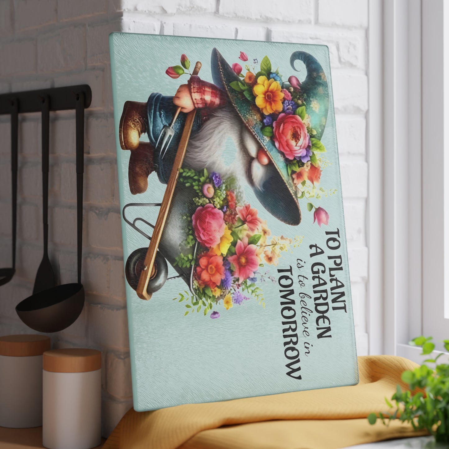 🌸🧙‍♂️ Garden Gnome Floral Cutting Board – Whimsical Kitchen Décor with Inspirational Quote 🌿✨