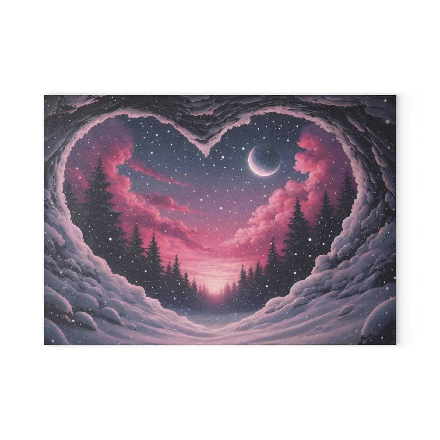 Winter Heartscape Glass Cutting Board – Dreamy Snowy Landscape Kitchen Display