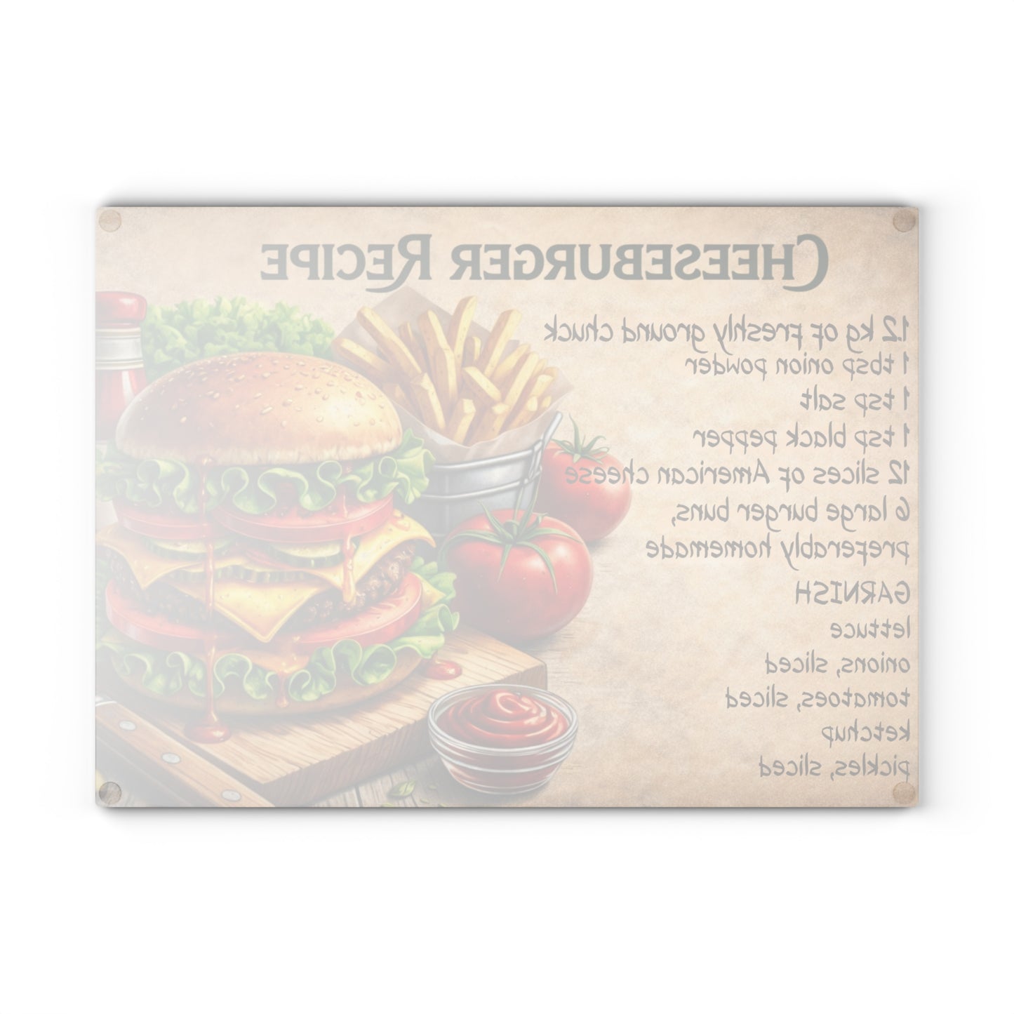 Cheeseburger Recipe Glass Cutting Board – Classic Burger Kitchen Art