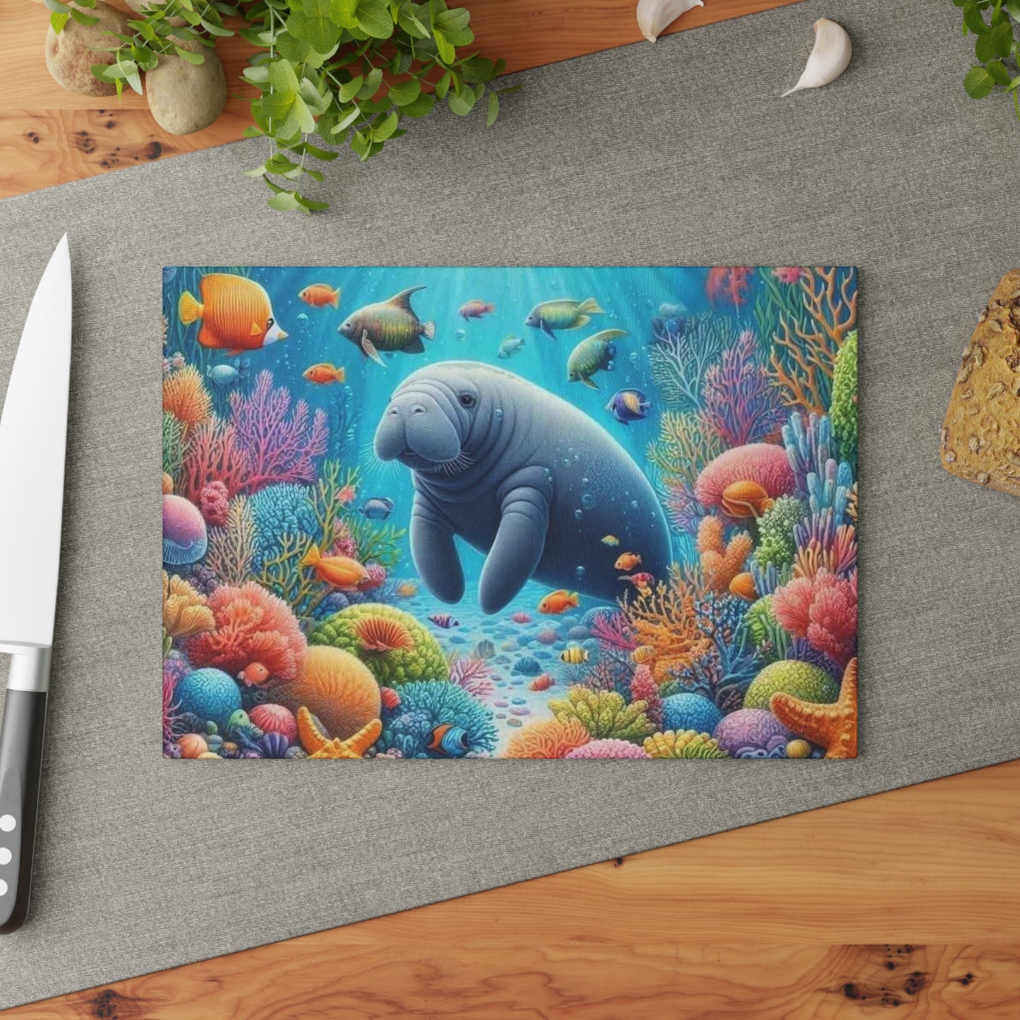 Manatee Cutting Board Textured Glass Florida Spring Kitchen Decor Coastal Home Gift Beach Housewarming Manatee Lover Sea Life Art Nautical