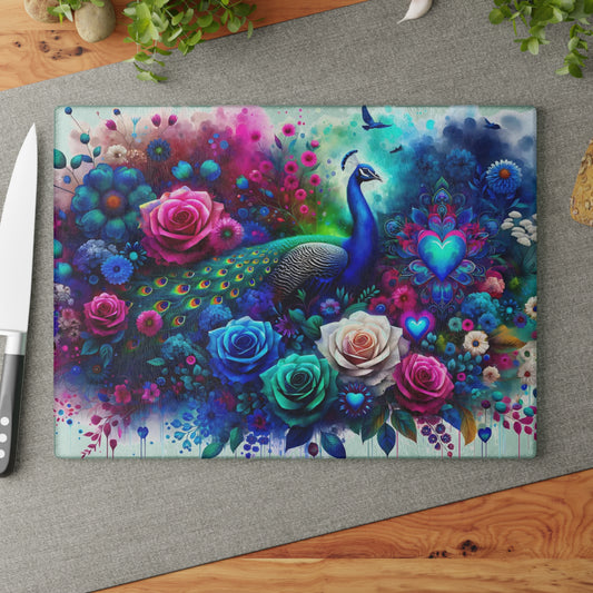 🦚🌹 Peacock Rainbow Floral Cutting Board – Vibrant Elegance Meets Artistic Charm 💙🌸
