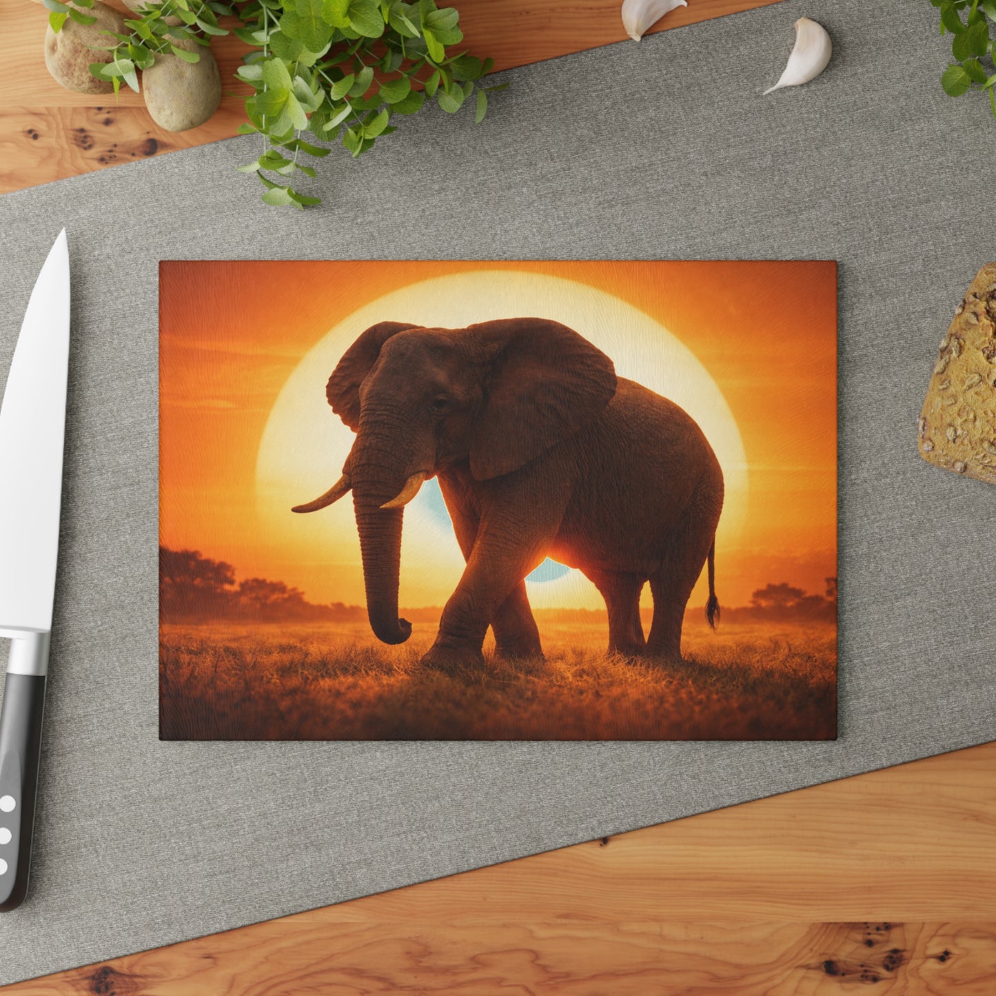 Golden Sunset Elephant Glass Cutting Board – Majestic Safari Wildlife Kitchen Art