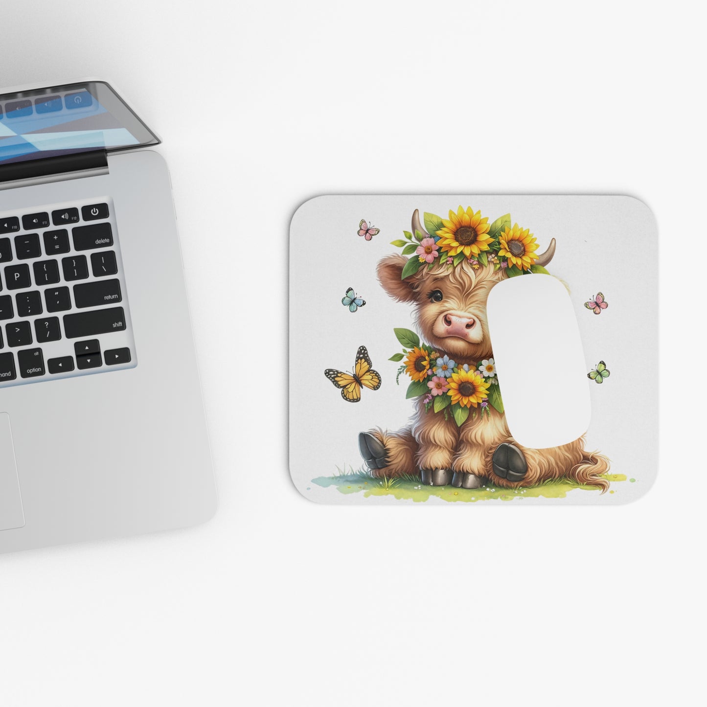 🖱️🌻🦋🐮 Highland Calf Sunflower Garland Mouse Pad – Bright Country Sweetness for Your Desk