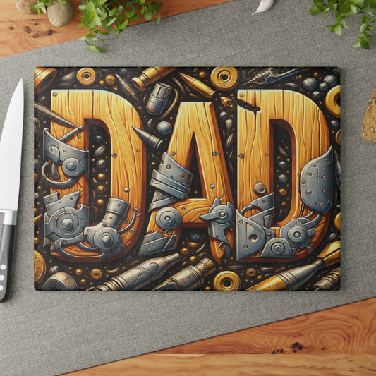 Dad Workshop Tribute Glass Cutting Board – Rustic Father’s Day Tool Art