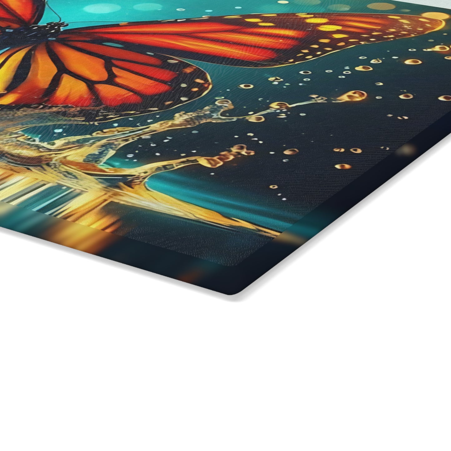 Monarch Butterfly Splash Glass Cutting Board – Vibrant Water Scene, Nature-Inspired Kitchen Decor