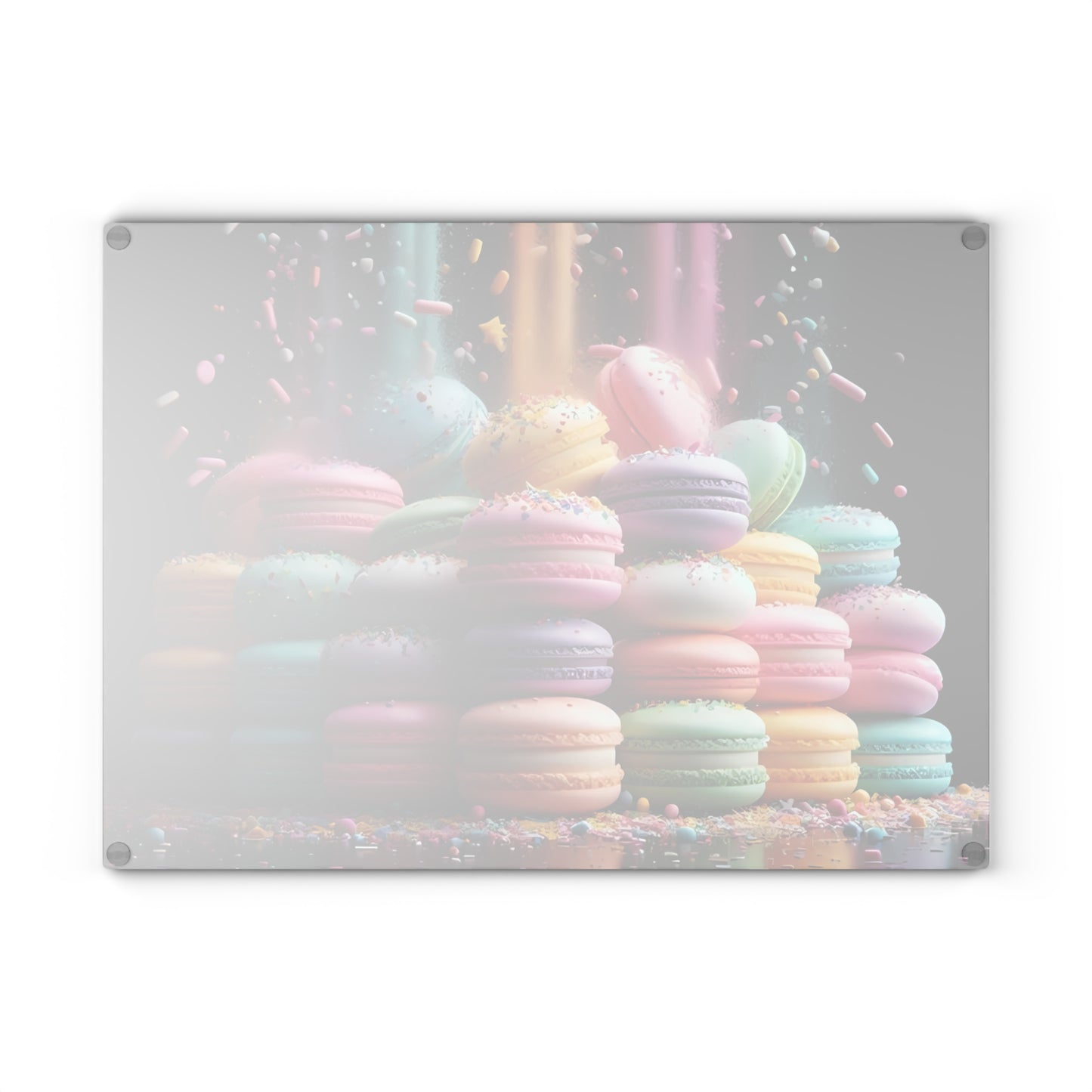Tabla de cortar de vidrio con macarons pastel: una decoración de cocina dulce con un toque de fantasía