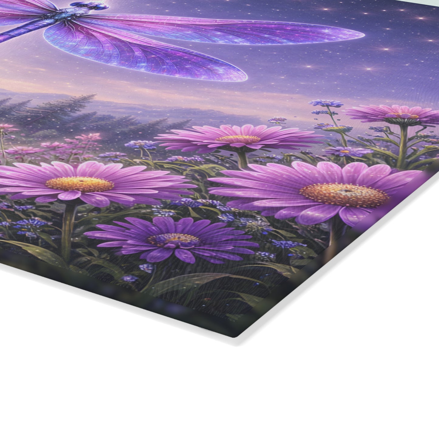Celestial Dragonfly Glass Cutting Board – Purple Fantasy Floral Night Sky Kitchen Display