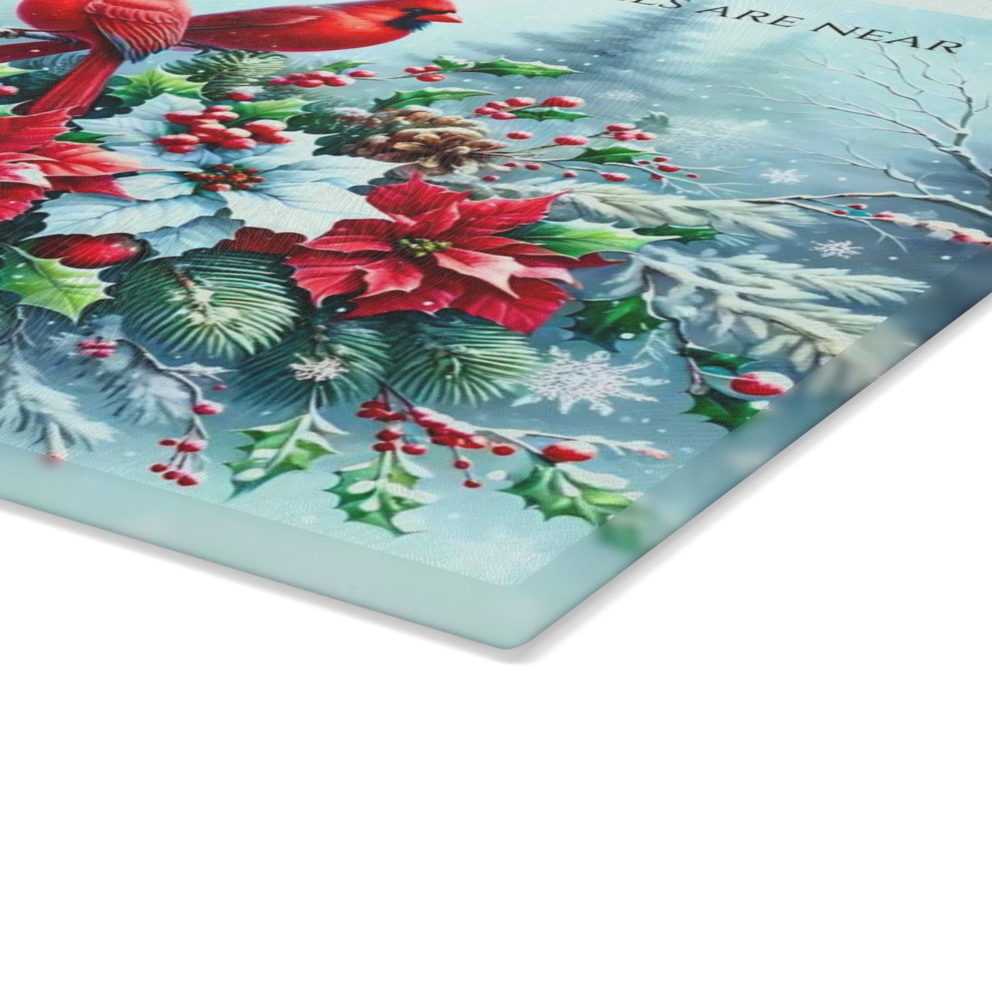 🐦❄️ “Cardinals & Angels” Glass Cutting Board – Cozy Winter Comfort for Your Kitchen