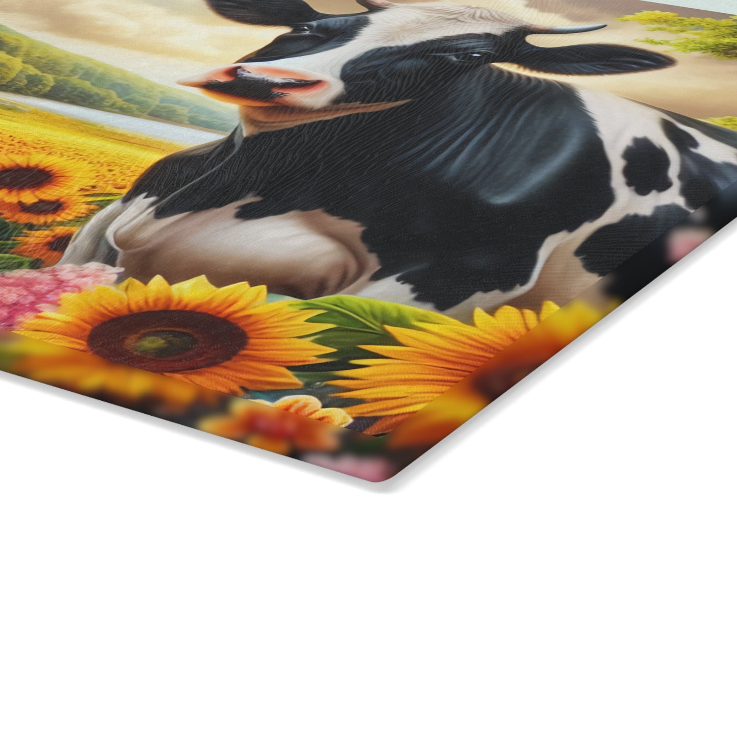 🐄🌻 Black & White Cow in Sunflower Field Glass Cutting Board – Peaceful Barn, Lake & Nature Scene 🌳