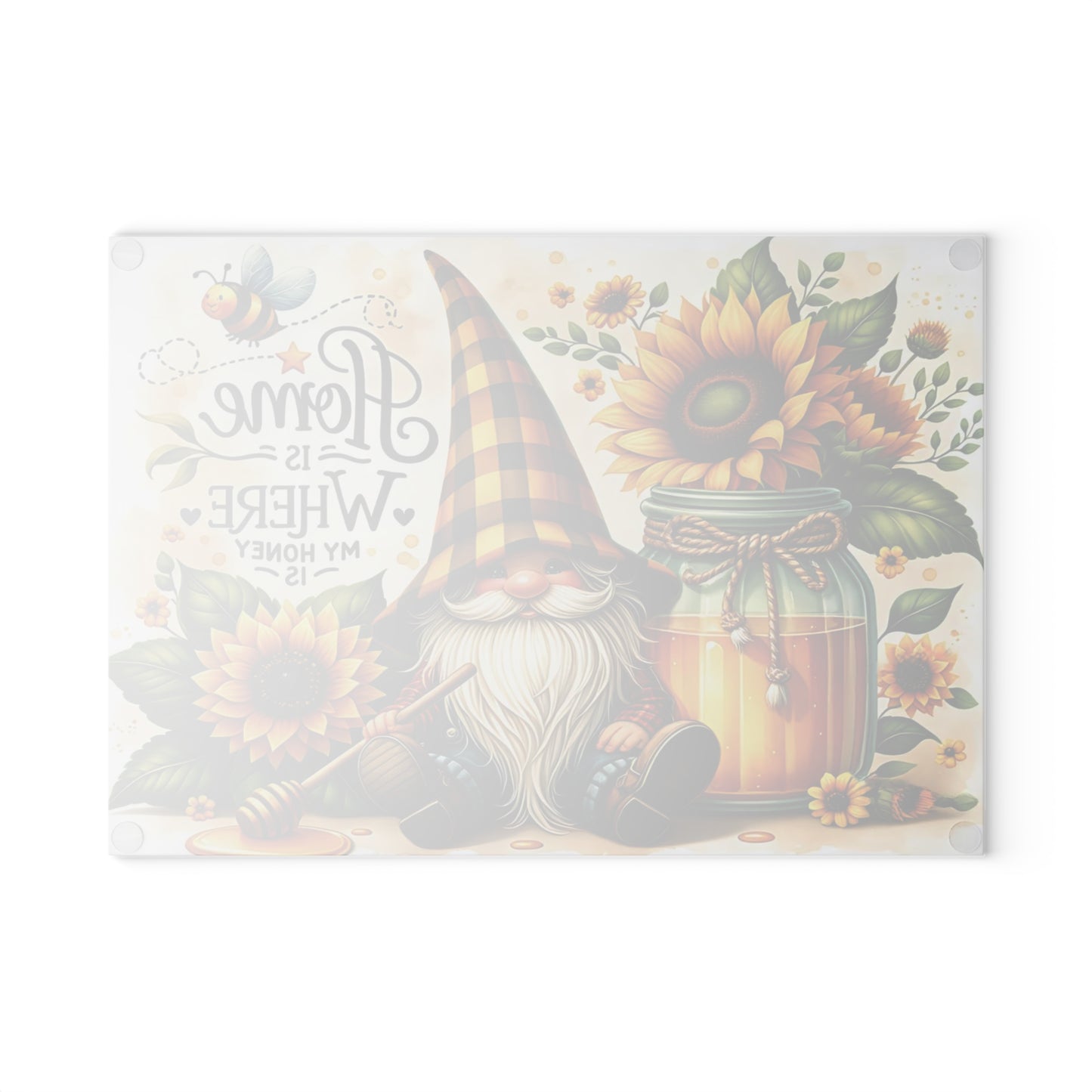 🐝🌻 “Sunny Honey Gnome” Glass Cutting Board – Warm Country Charm for Your Kitchen