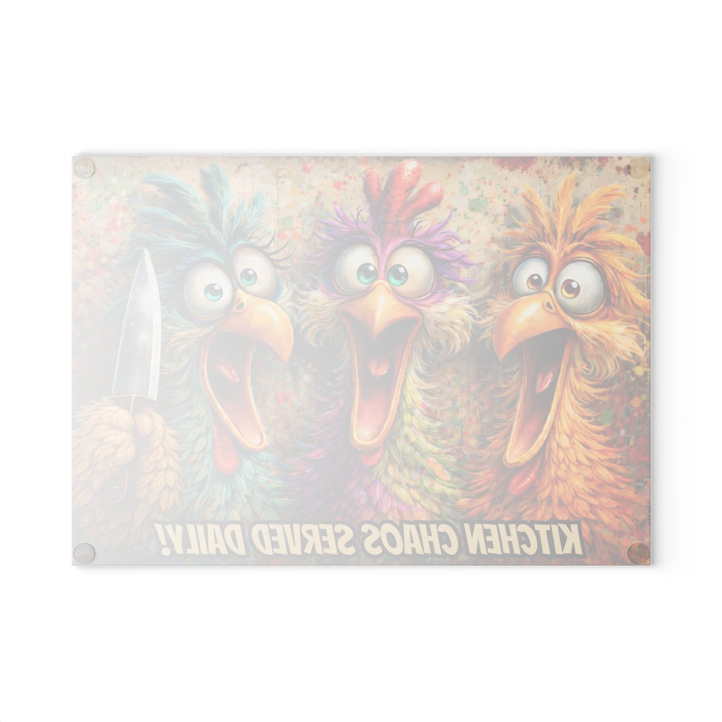 Kitchen Chaos Served Daily Glass Cutting Board – Colorful Chicken Kitchen Humor