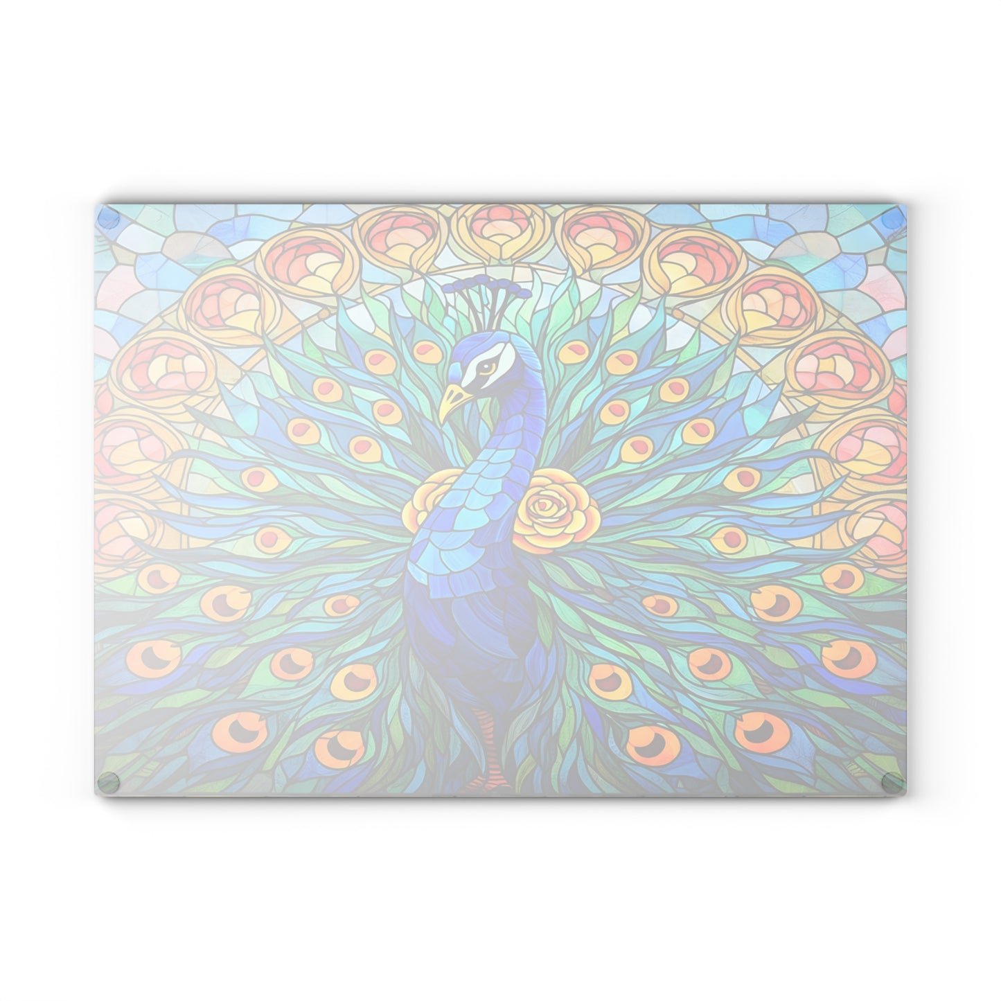 Stained Glass Style Peacock Glass Cutting Board – Vibrant Jewel-Tone Art Kitchen Decor