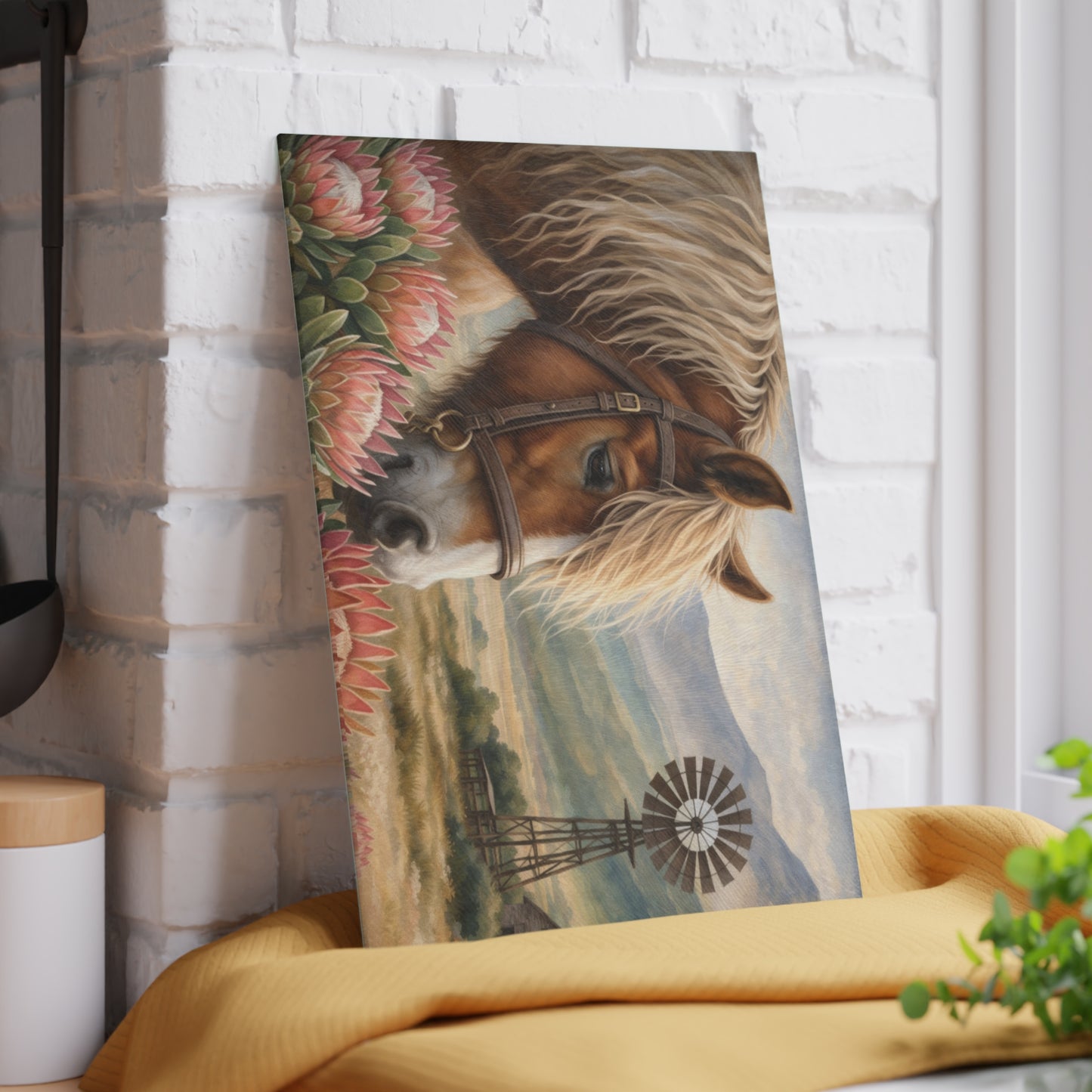 Western Horse and Windmill Glass Cutting Board – Rustic Farmhouse Country Kitchen Decor