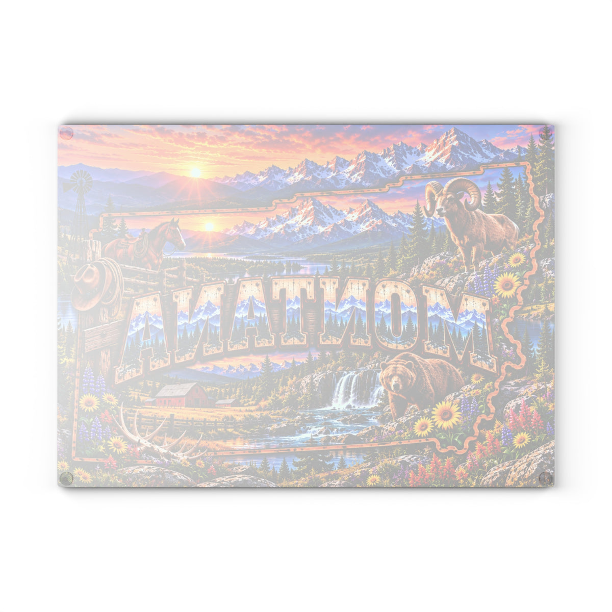 Montana Mountain Sunset Glass Cutting Board – Rustic Wildlife, Western Ranch & Scenic Landscape Kitchen Décor