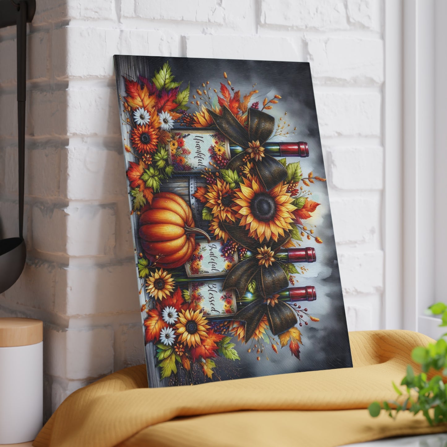 🍂🍷 “Thankful • Grateful • Blessed” Sunflower Wine Trio – Glass Cutting Board