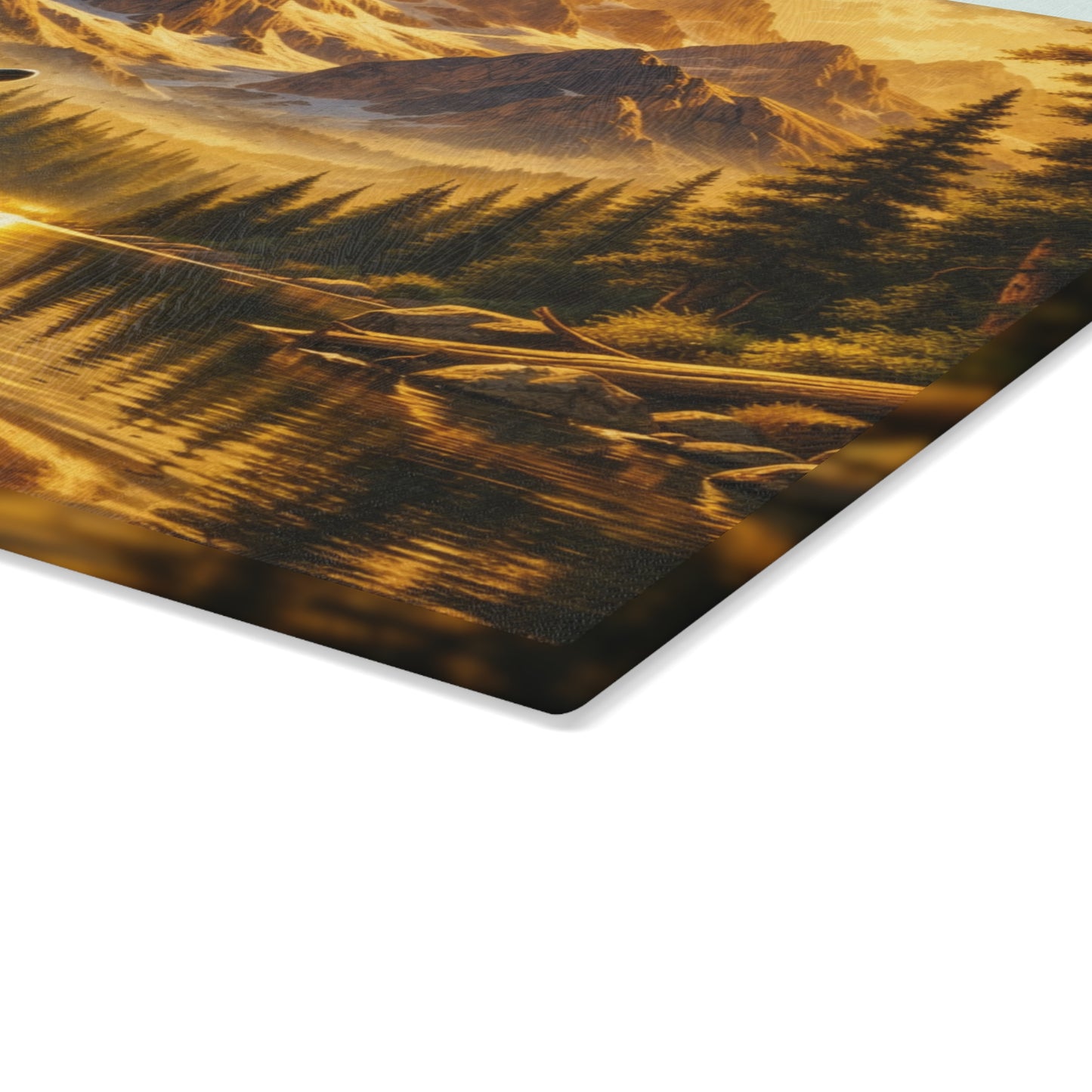 Golden Mountain Bass Glass Cutting Board – Rustic Fishing Lake Landscape Kitchen Art