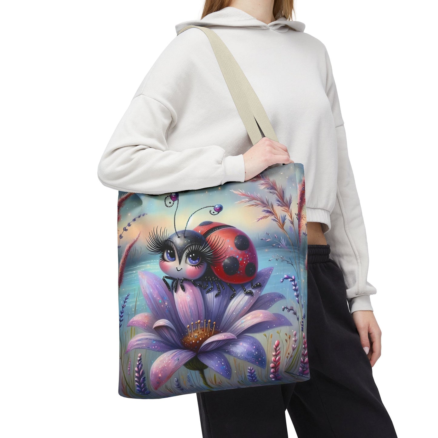🐞 Mariquita sobre una flor junto al lago – Bolsa de tela inspirada en la naturaleza