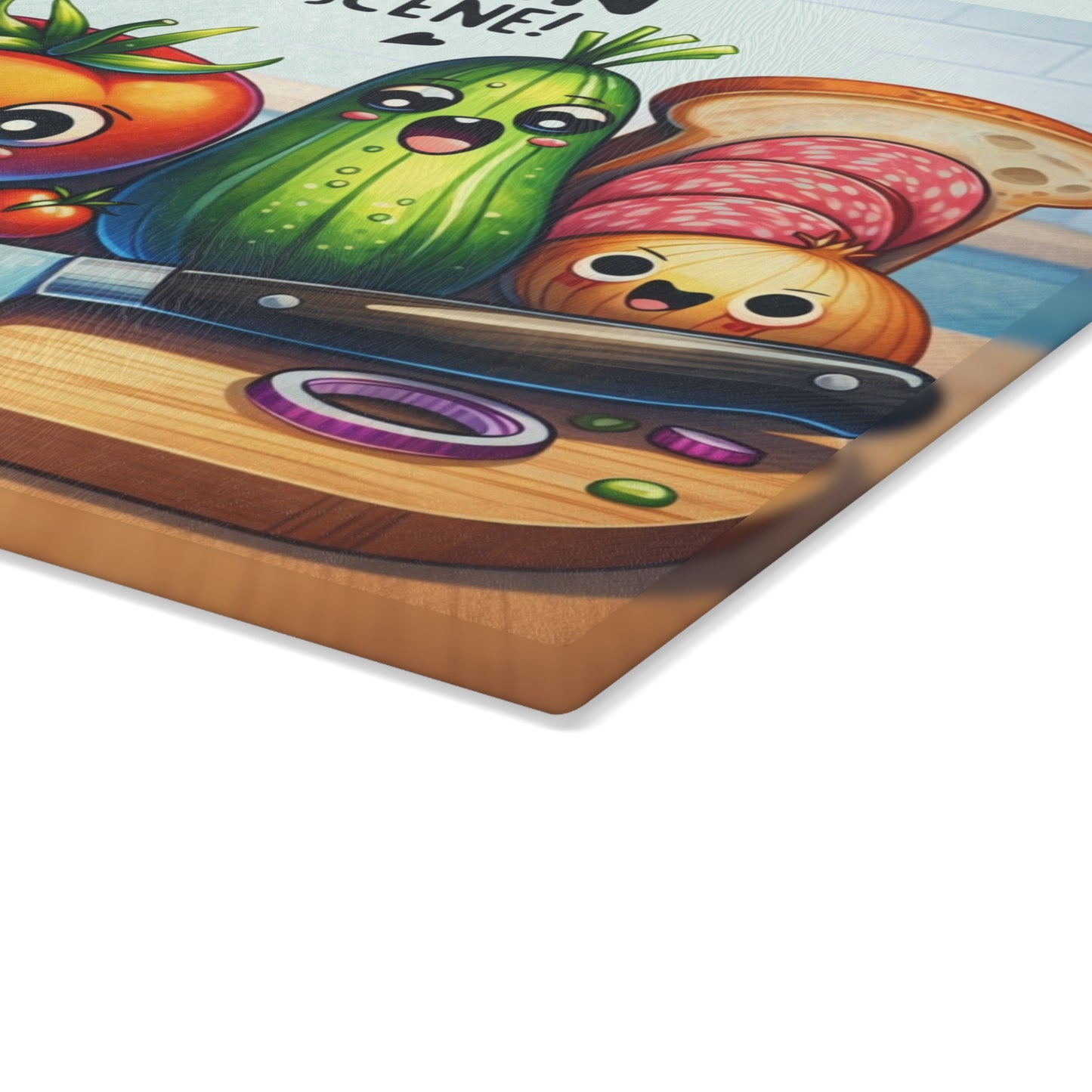 Kitchen Crime Scene Glass Cutting Board – Funny Vegetable Cartoon Kitchen Decor