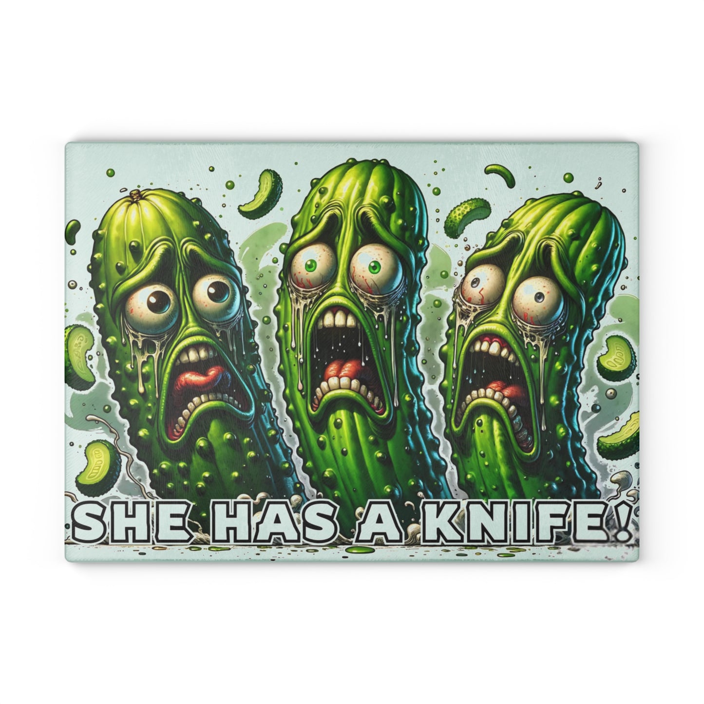🥒😂 “She Has a Knife!” Glass Cutting Board – Pickle Panic in the Kitchen