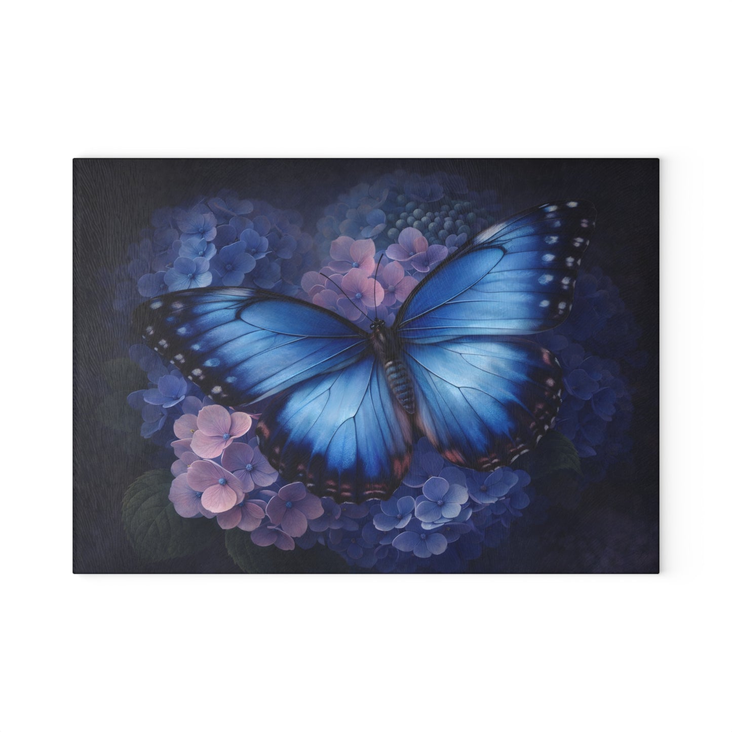 Blue Butterfly & Hydrangea Glass Cutting Board – Elegant Floral Butterfly Kitchen Art