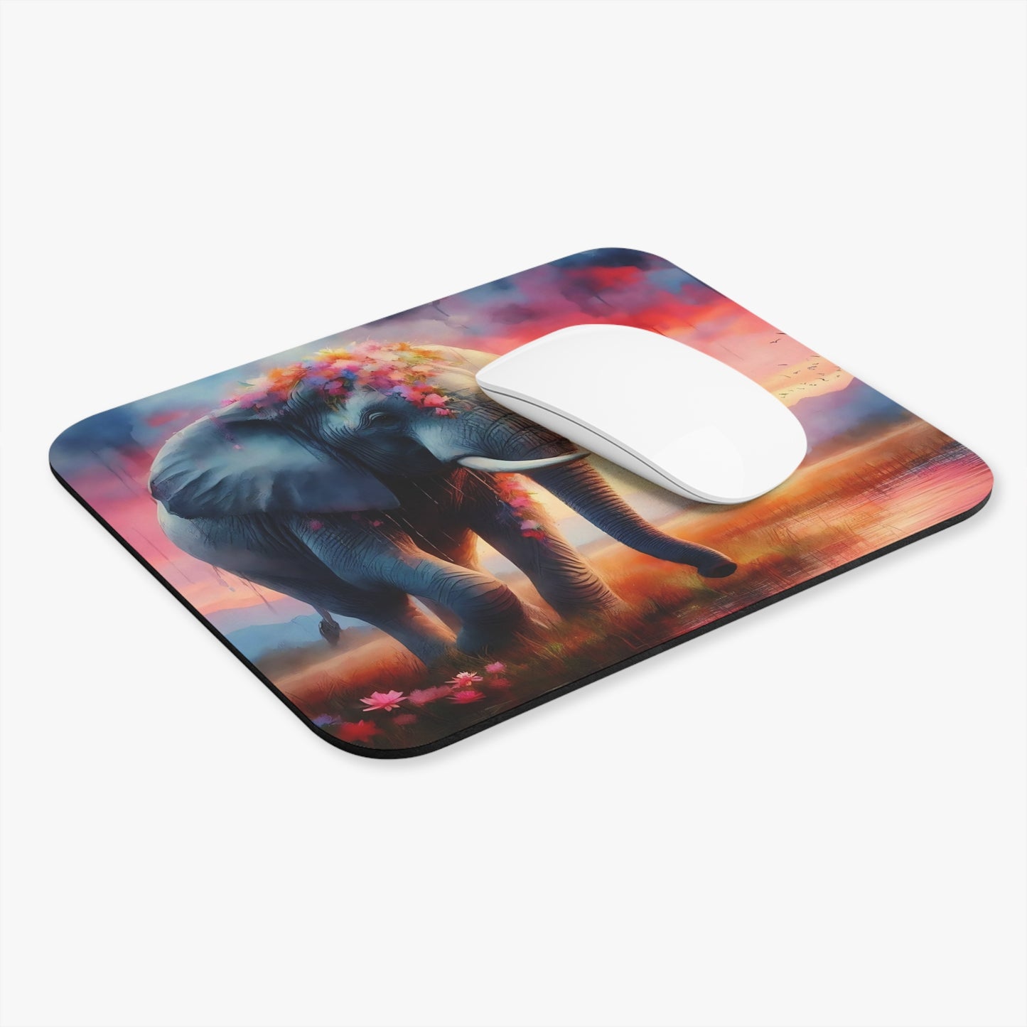 🖱️🌅🐘 Sunset Elephant Mouse Pad – Dreamy Floral Safari Desk Art