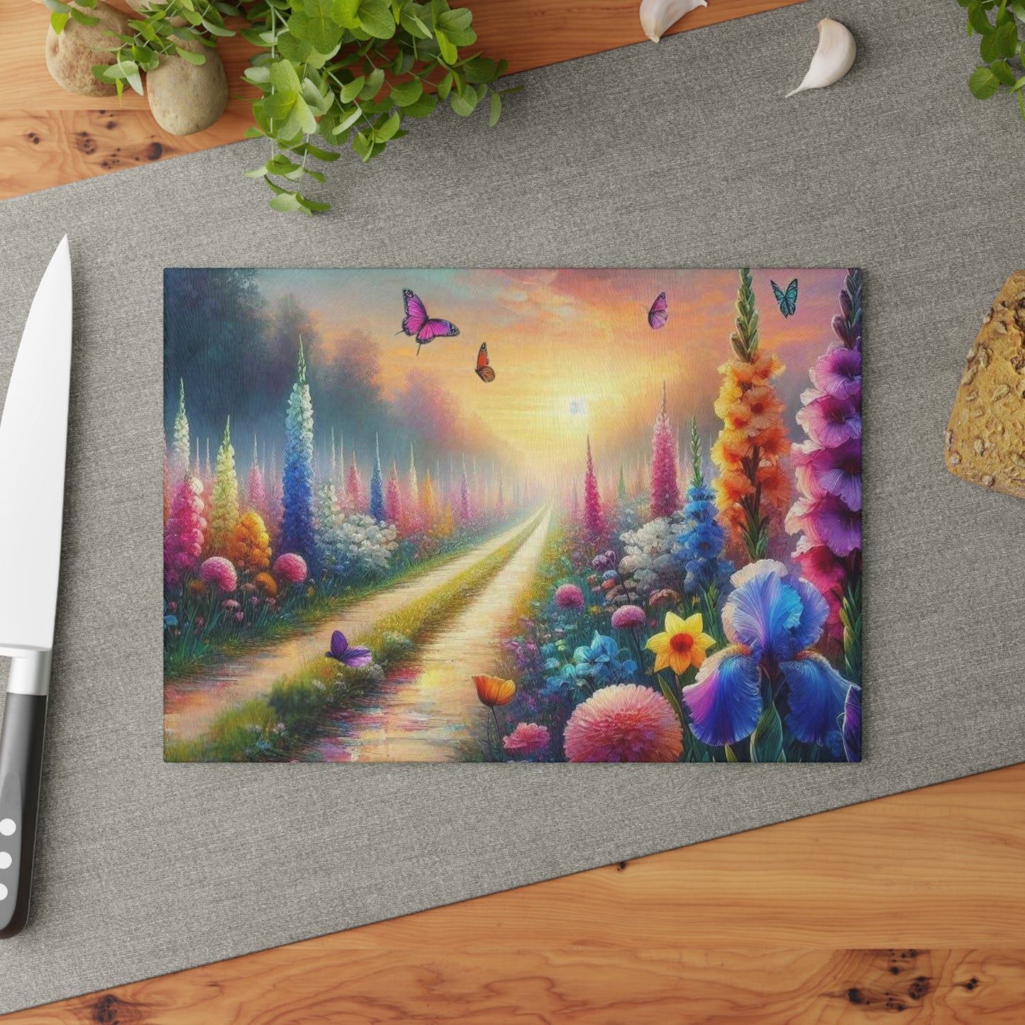 Flores silvestres, tabla de cortar de vidrio templado, tabla de charcutería, bandeja para servir, tabla de jalá, decoración de cocina, arte funcional de cocina, único