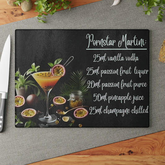Tabla de cortar con receta de Martini de Estrella Porno: decoración de cocina coqueta, divertida y fabulosa
