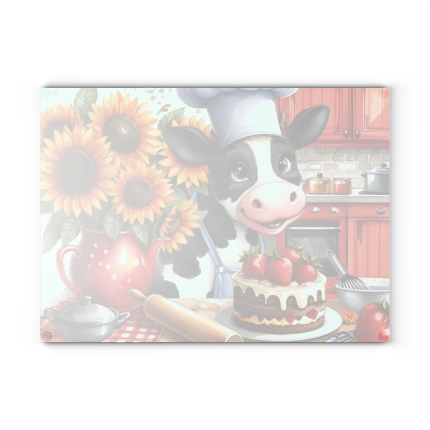 🐄 Baking Cow with Strawberries & Sunflowers Cutting Board – Whimsical Farmhouse Kitchen Fun 🍓🌻