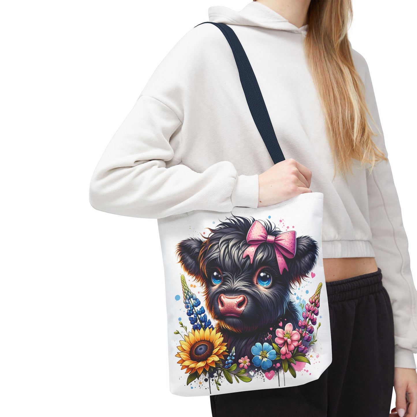 🌸 Black Highland Calf Floral Tote Bag – Sweet Style for Every Age 🐮👜