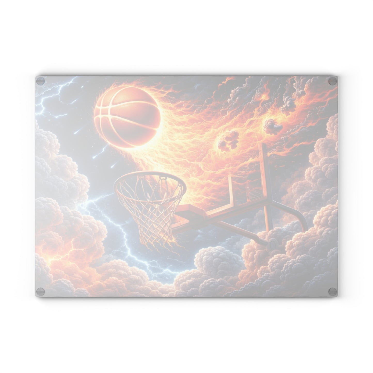 Fiery Basketball Slam Glass Cutting Board – High-Energy Sports Art for Your Kitchen