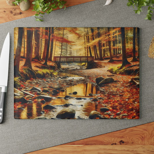 🌉🍁 Autumn Forest Bridge Cutting Board – Tranquil Trails & Fall Reflections for Your Kitchen