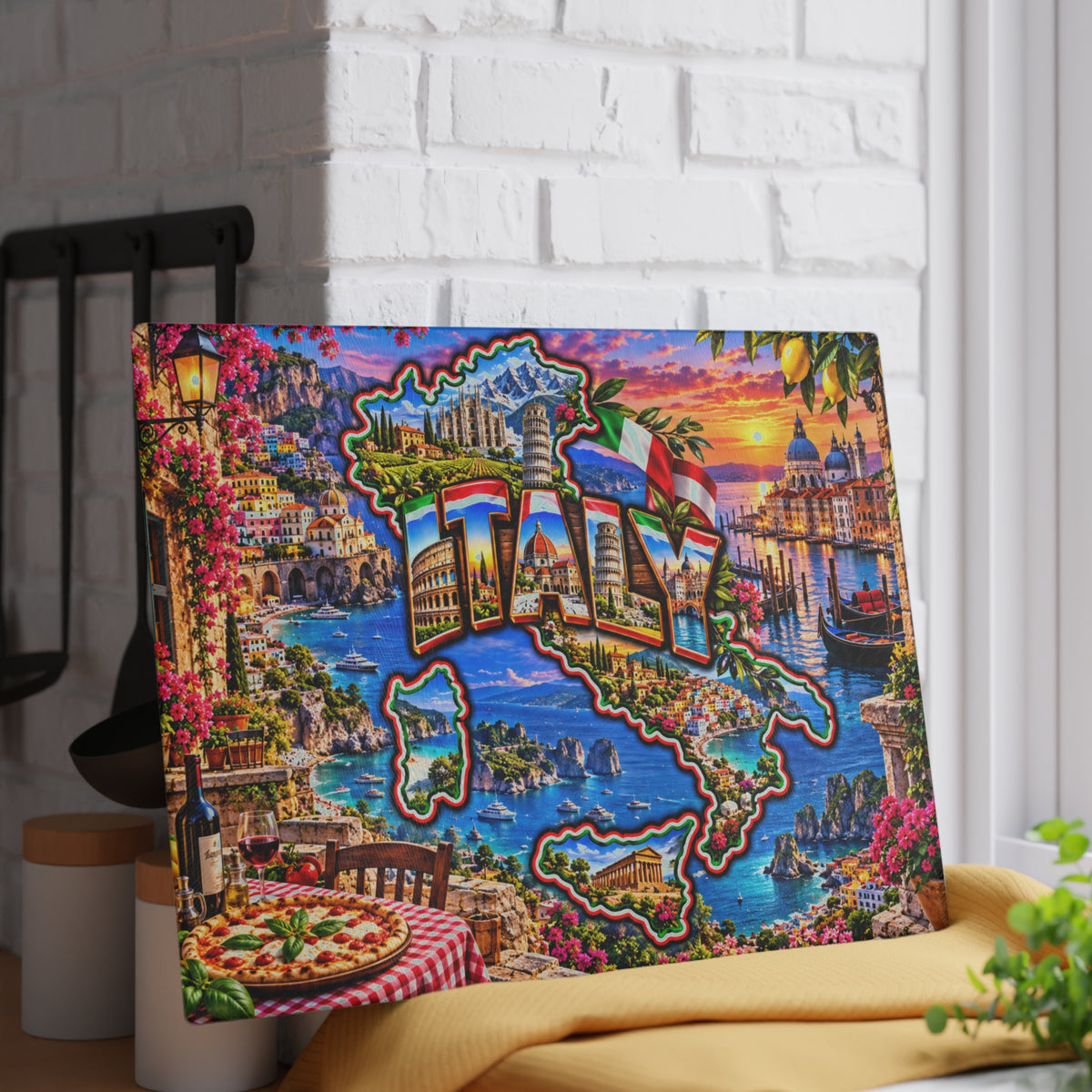 Italy Map Cutting Board – Colosseum, Leaning Tower of Pisa, Venice Canals, Amalfi Coast & Scenic Kitchen Décor