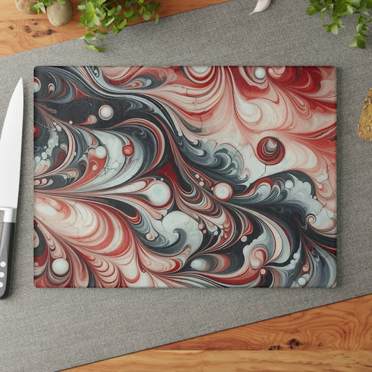 Tabla de cortar de vidrio con diseño de mármol rojo, negro y blanco: decoración de cocina moderna inspirada en el mármol, un regalo elegante y funcional.