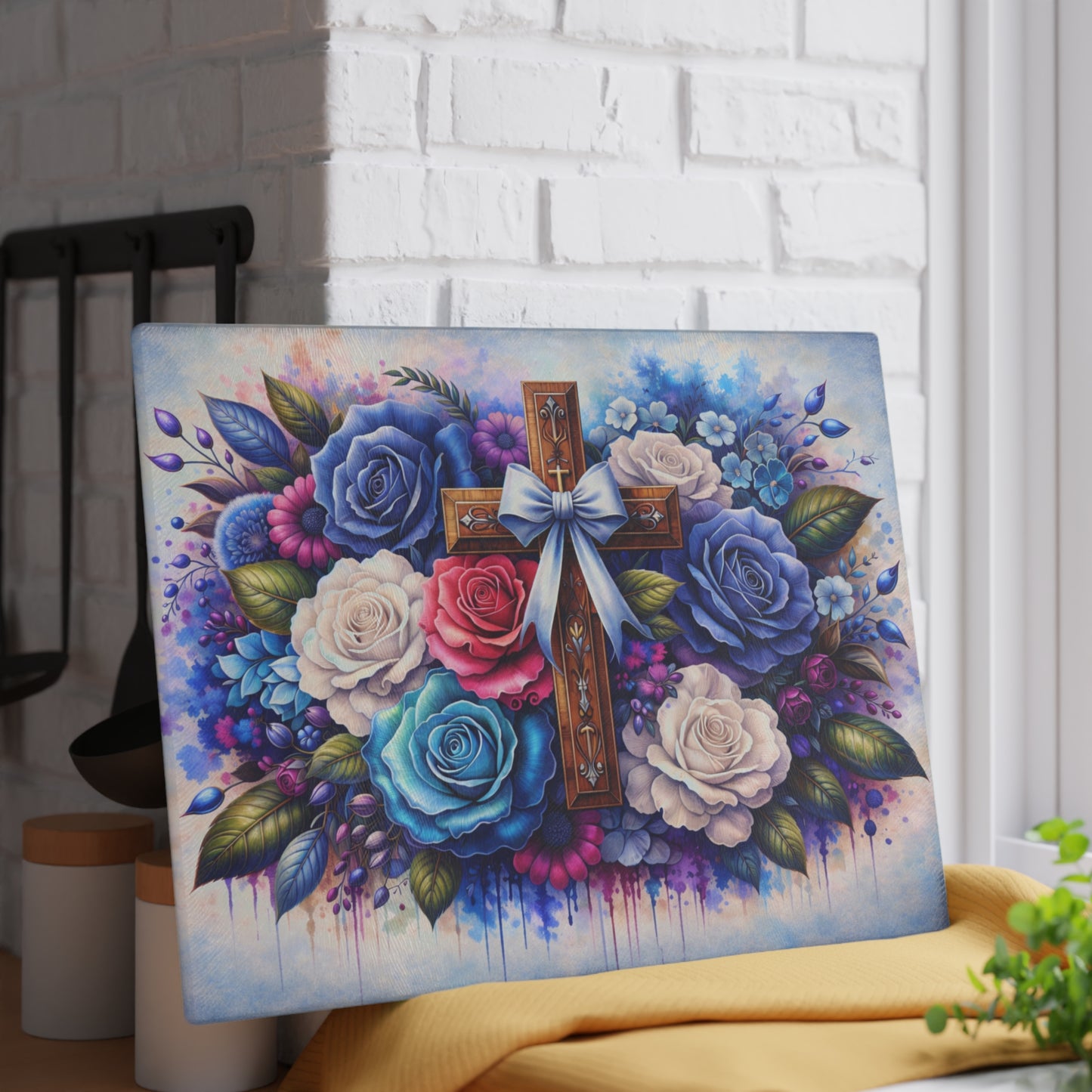 Floral Cross Glass Cutting Board – Faith-Inspired Christian Kitchen Art