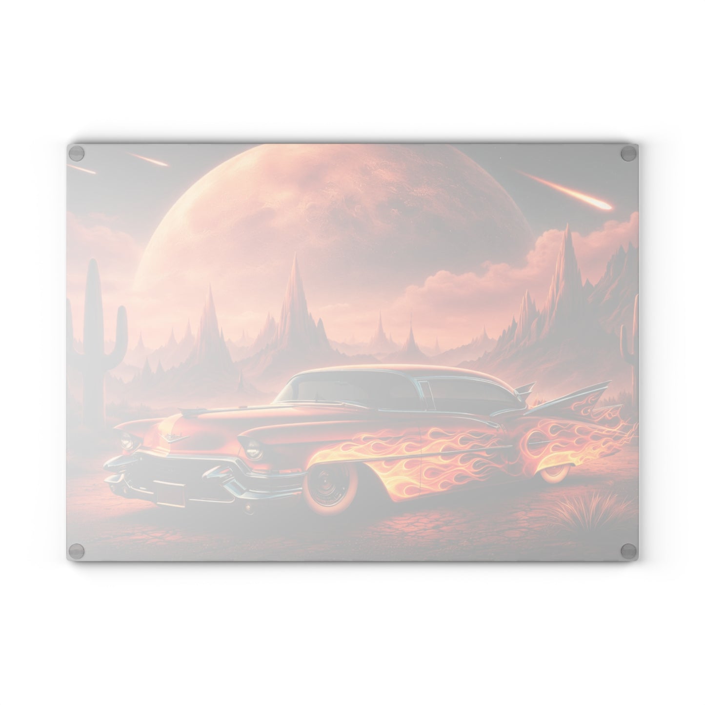 Inferno Desert Drive Glass Cutting Board – Flaming Classic Car Under Cosmic Desert Moon