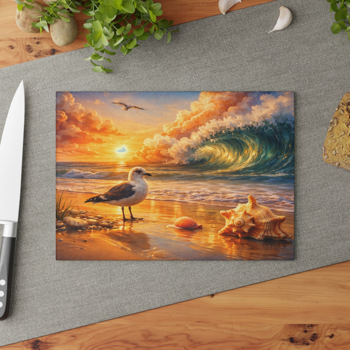 Golden Coastal Wave Glass Cutting Board – Ocean Sunset Seagull Beach Kitchen Art