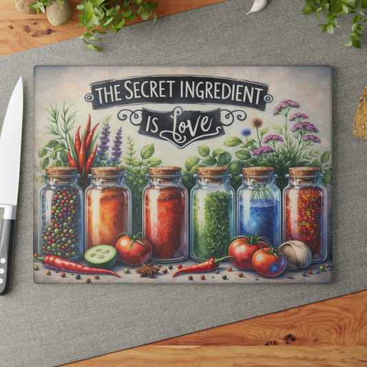 The Secret Ingredient Is Love Glass Cutting Board – Rustic Herb & Spice Kitchen Artwork