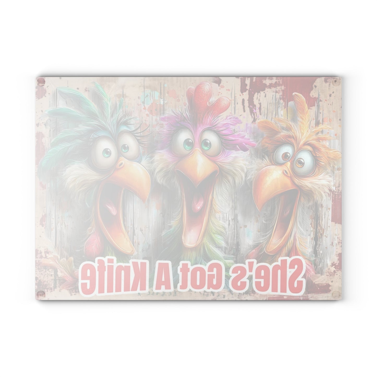 She’s Got a Knife Funny Chicken Glass Cutting Board – Colorful Farmhouse Kitchen Humor
