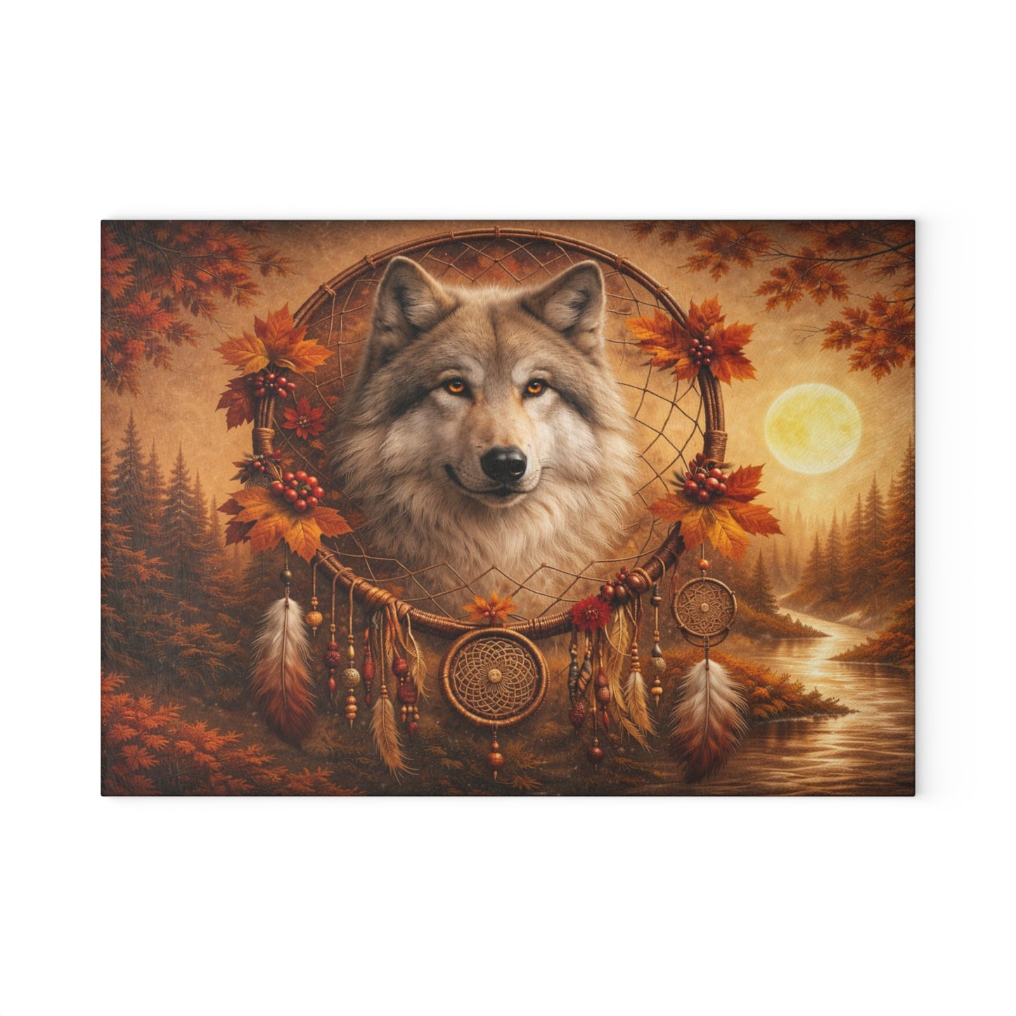 Autumn Wolf Dreamcatcher Glass Cutting Board – Rustic Woodland Wildlife Kitchen Art