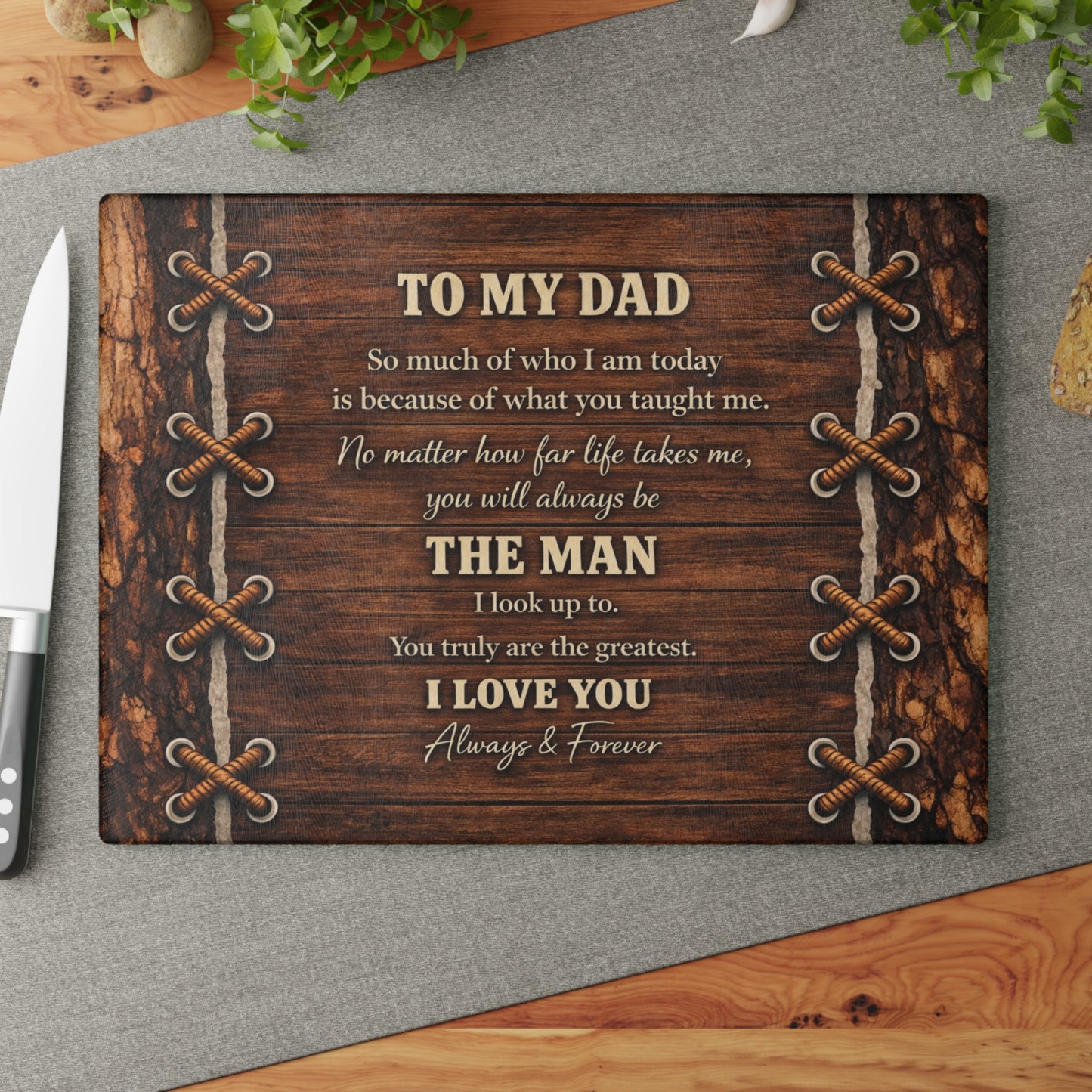 To My Dad Tribute Glass Cutting Board – Rustic Father Appreciation Kitchen Art