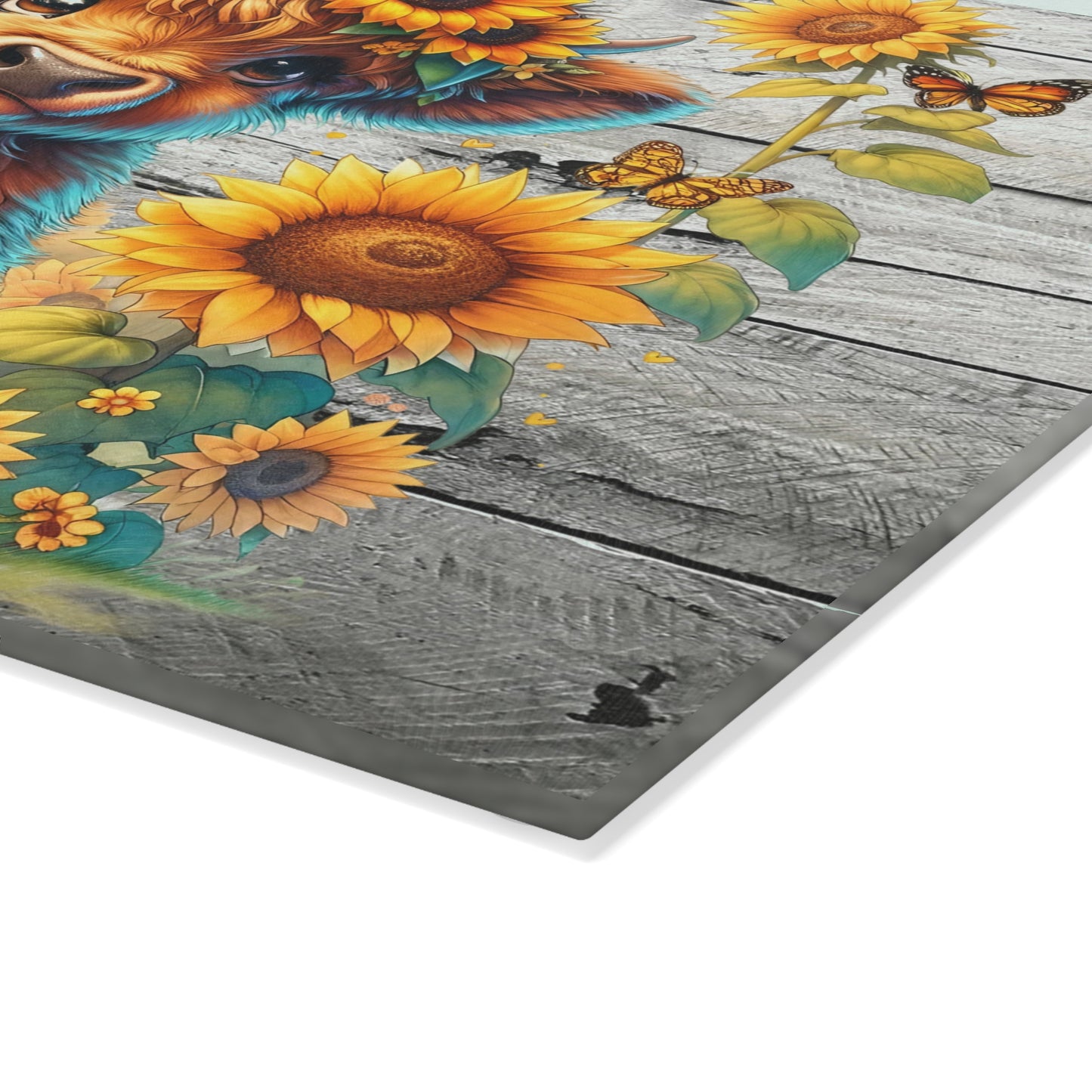 Highland Cow with Sunflowers & Butterflies – Rustic Floral Glass Cutting Board