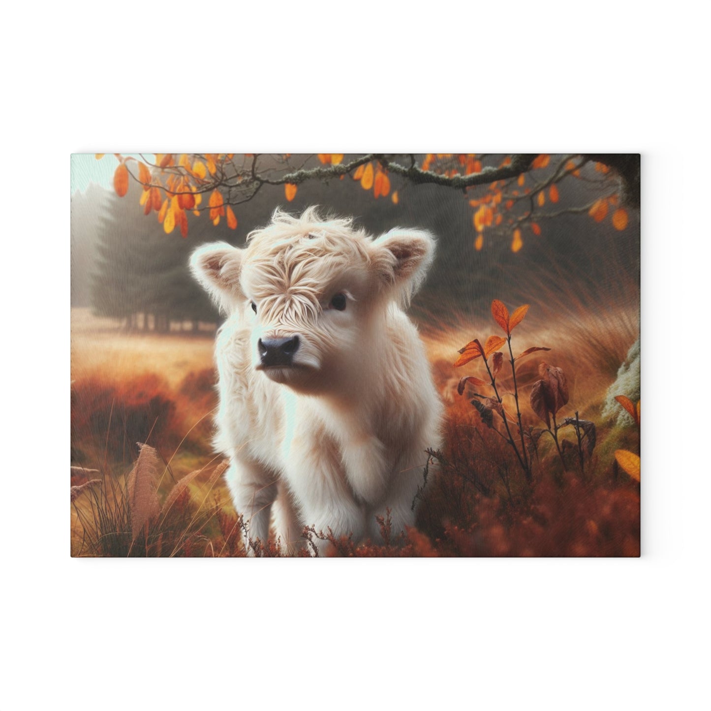 🐮🍁 Autumn White Calf Cutting Board – Cozy Highland Charm for Your Fall Kitchen