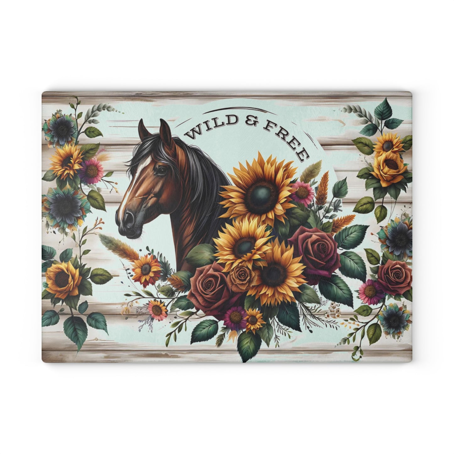 🌻🐎 Wild & Free Horse Cutting Board – Rustic Farmhouse Charm with Sunflowers & Roses 🌹🌾