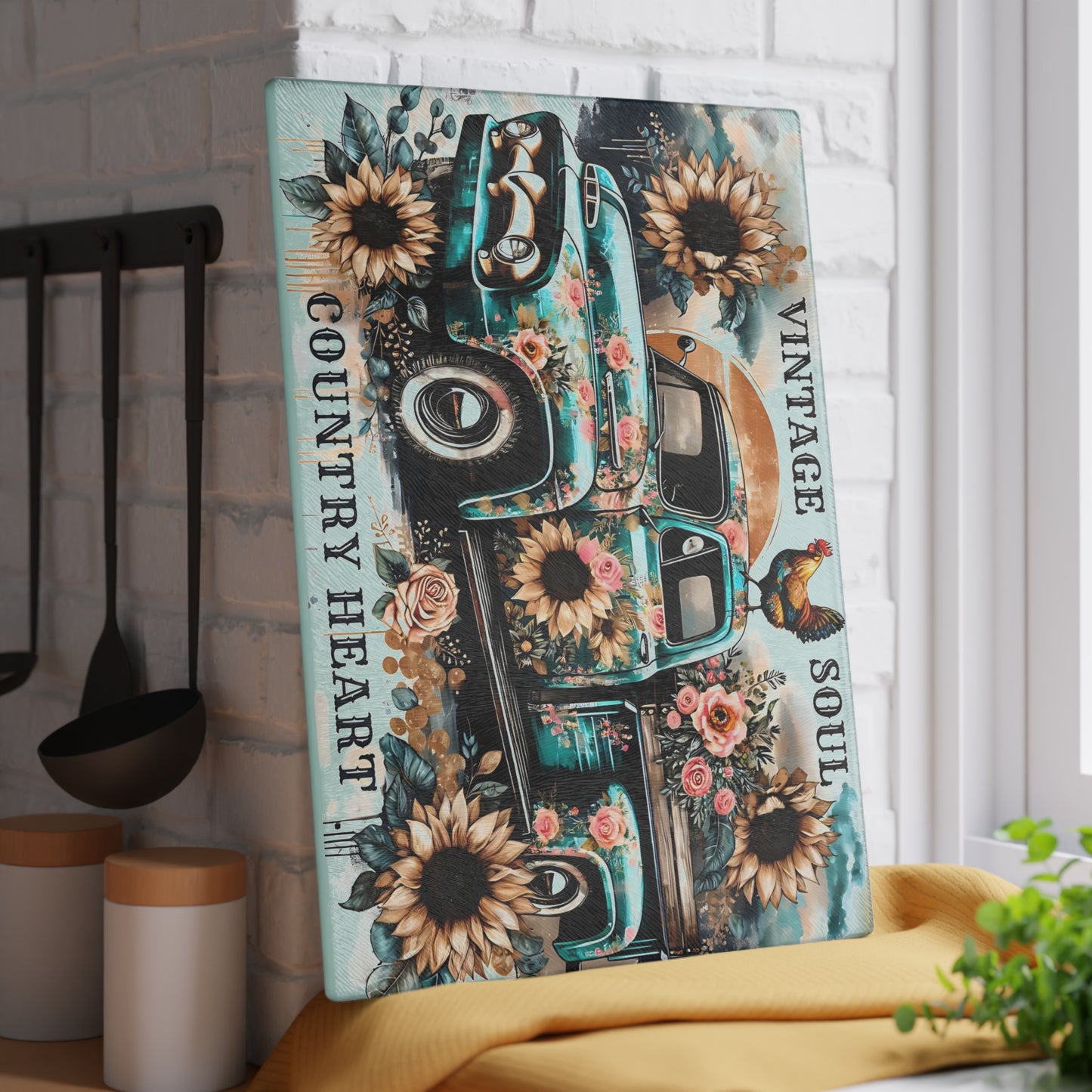 🚜🌻 Vintage Soul Country Heart Cutting Board – Rustic Truck & Sunflower Charm 🐓🌹