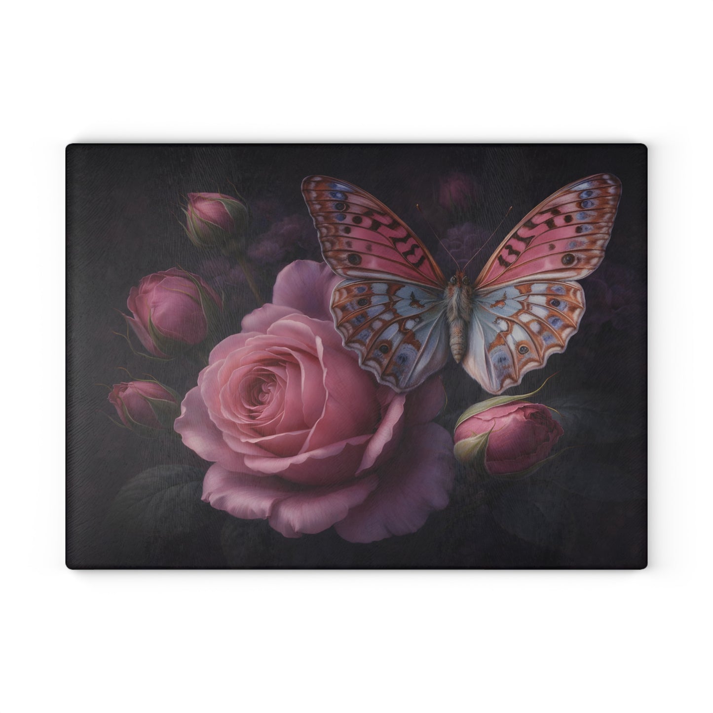 Pink Rose & Butterfly Glass Cutting Board – Elegant Dark Floral Nature Kitchen Décor