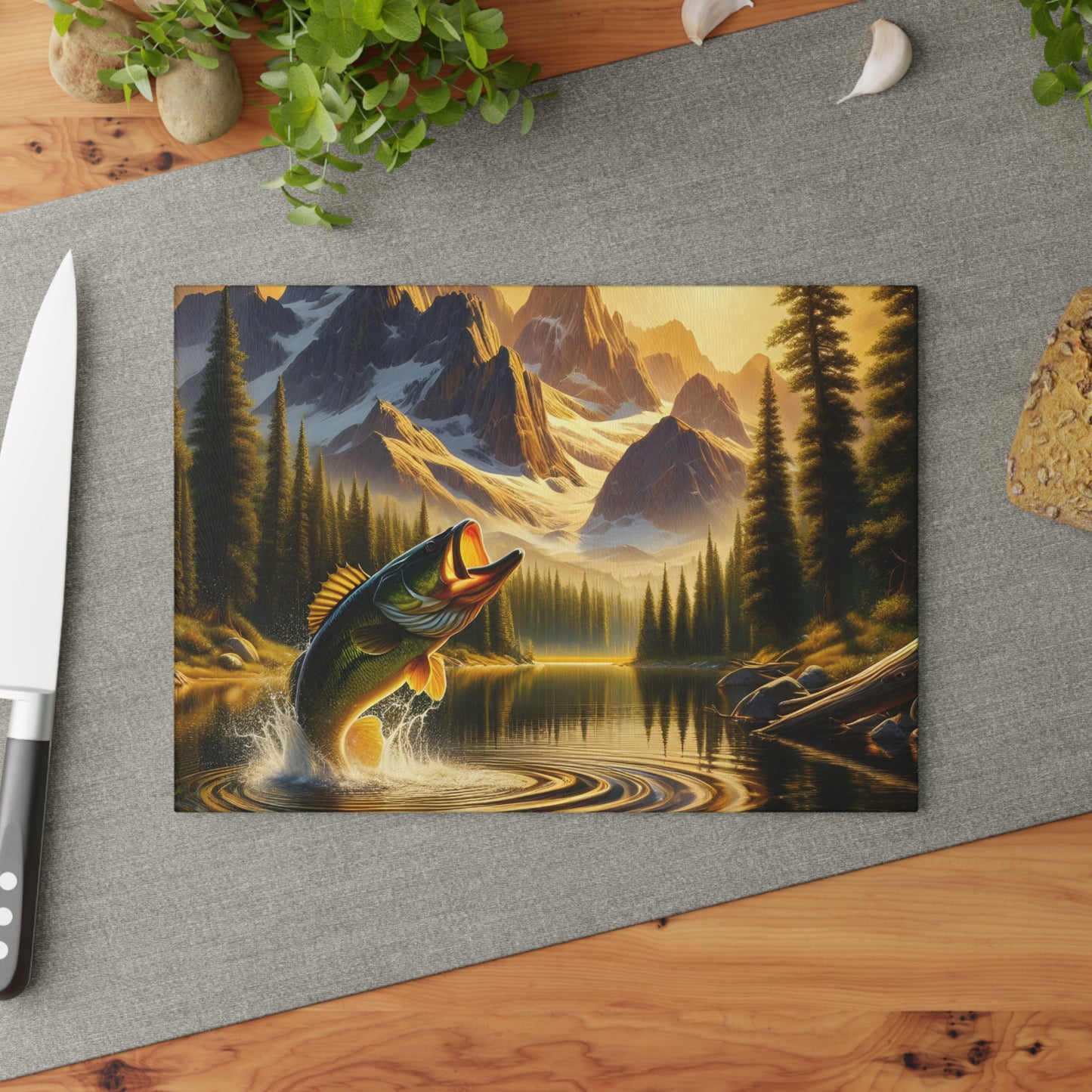 🎣 Mountain Lake Fishing Scene Cutting Board – Perfect for Anglers & Outdoor Enthusiasts 🌲
