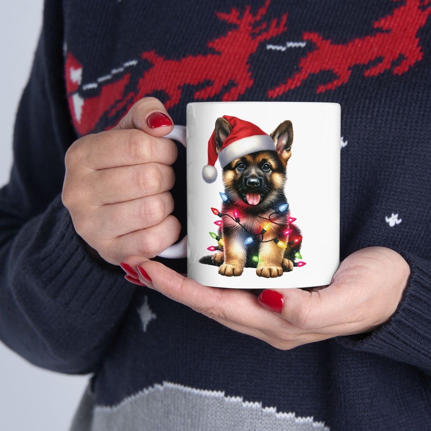 🎄 German Shepherd Christmas Lights Mug – Santa Paws & Holiday Cheer in Every Sip 🐾